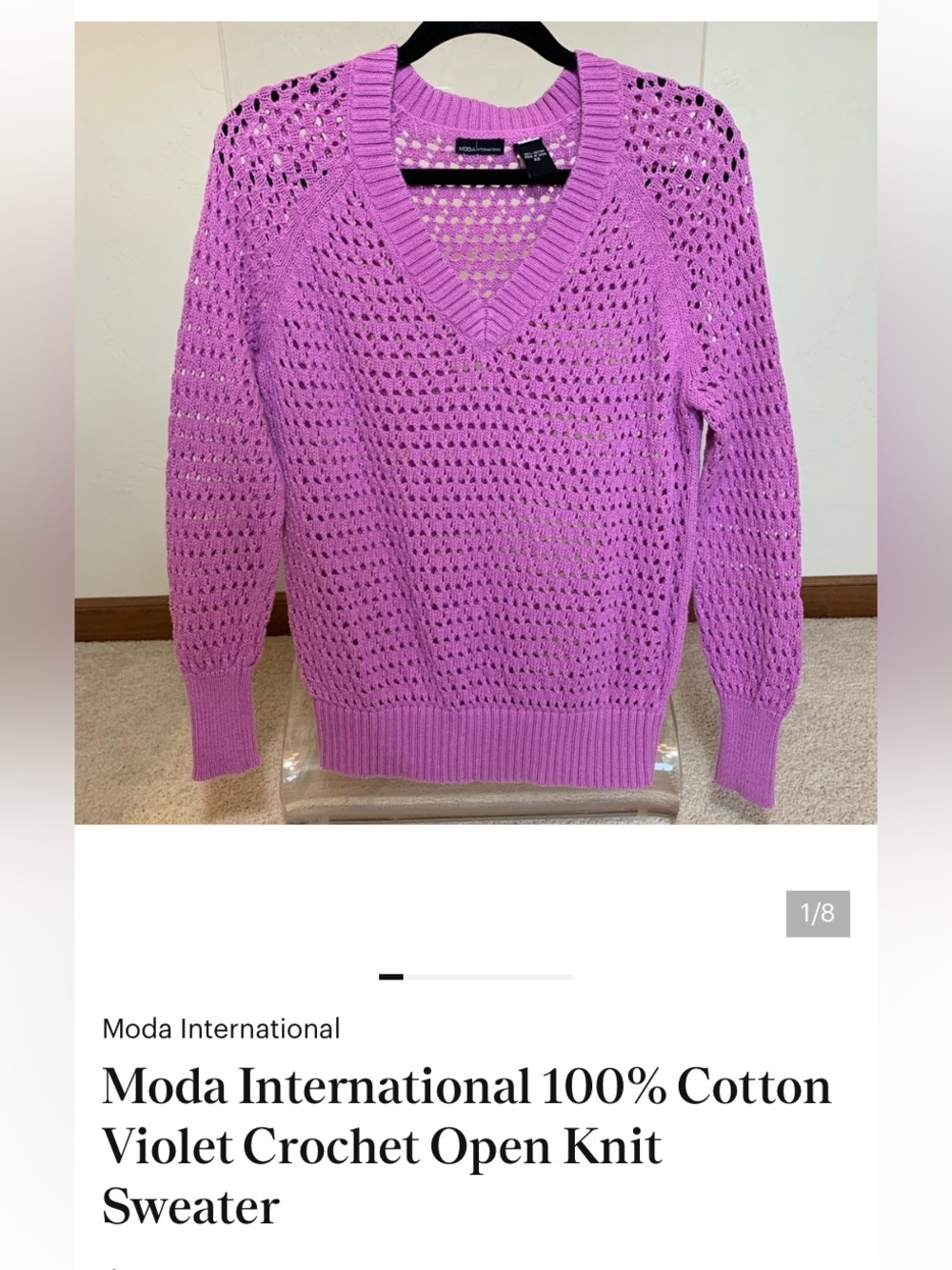 Moda International 100% Cotton Violet Crochet Open Knit Sweater